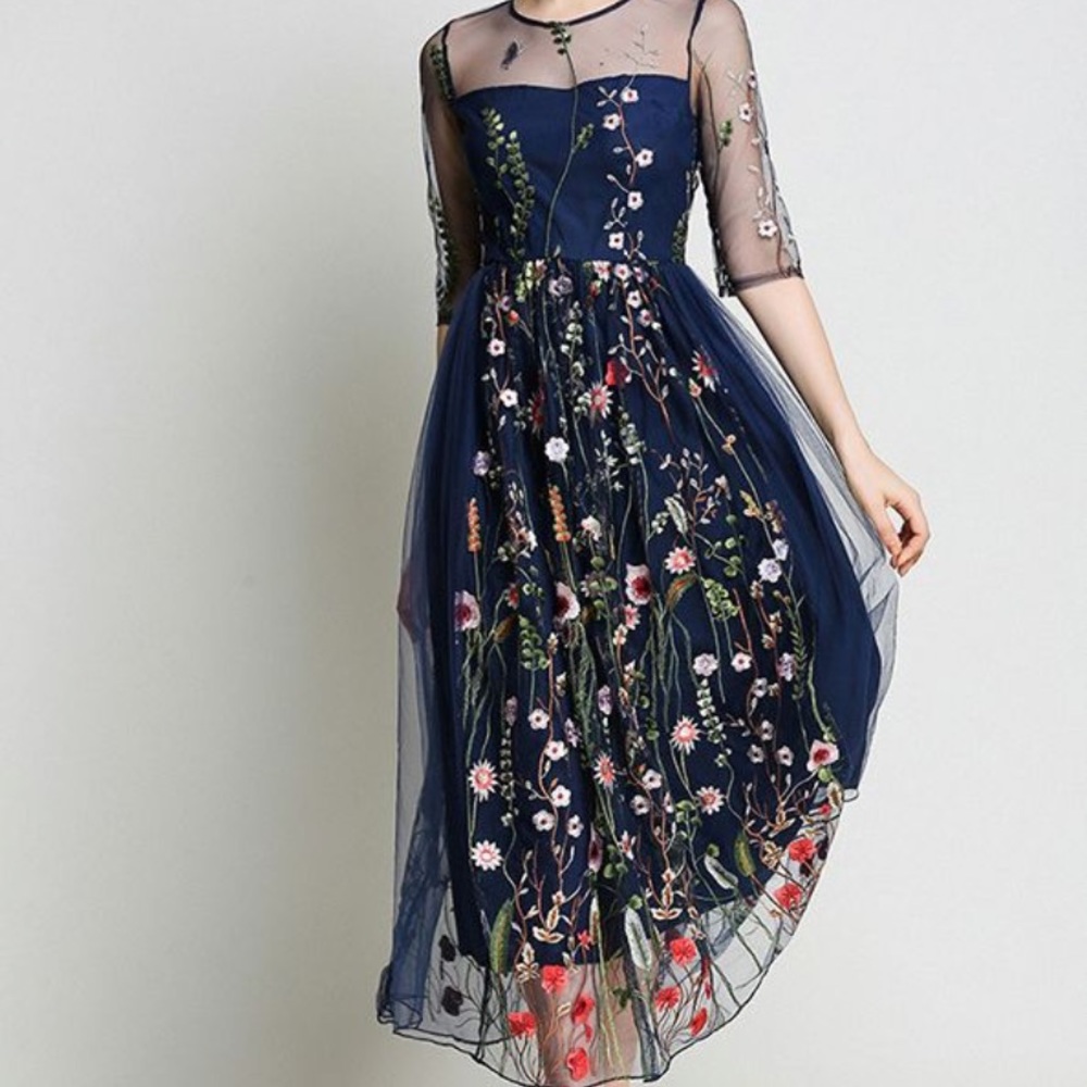 Shein sheer Gauze flower embroidered dress